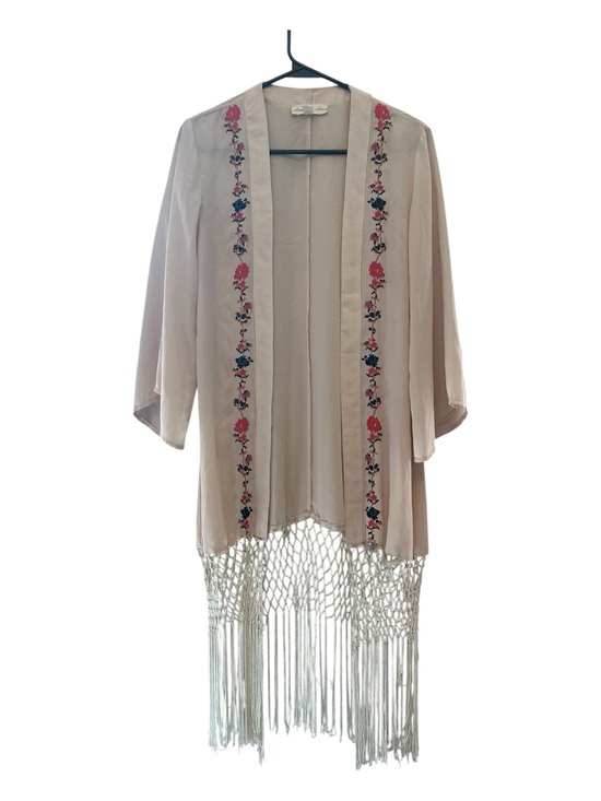 Staring at Stars Sweaters - Staring at Stars Blush Kimono/Open Cardigan with Floral Embroidery & Fringe S